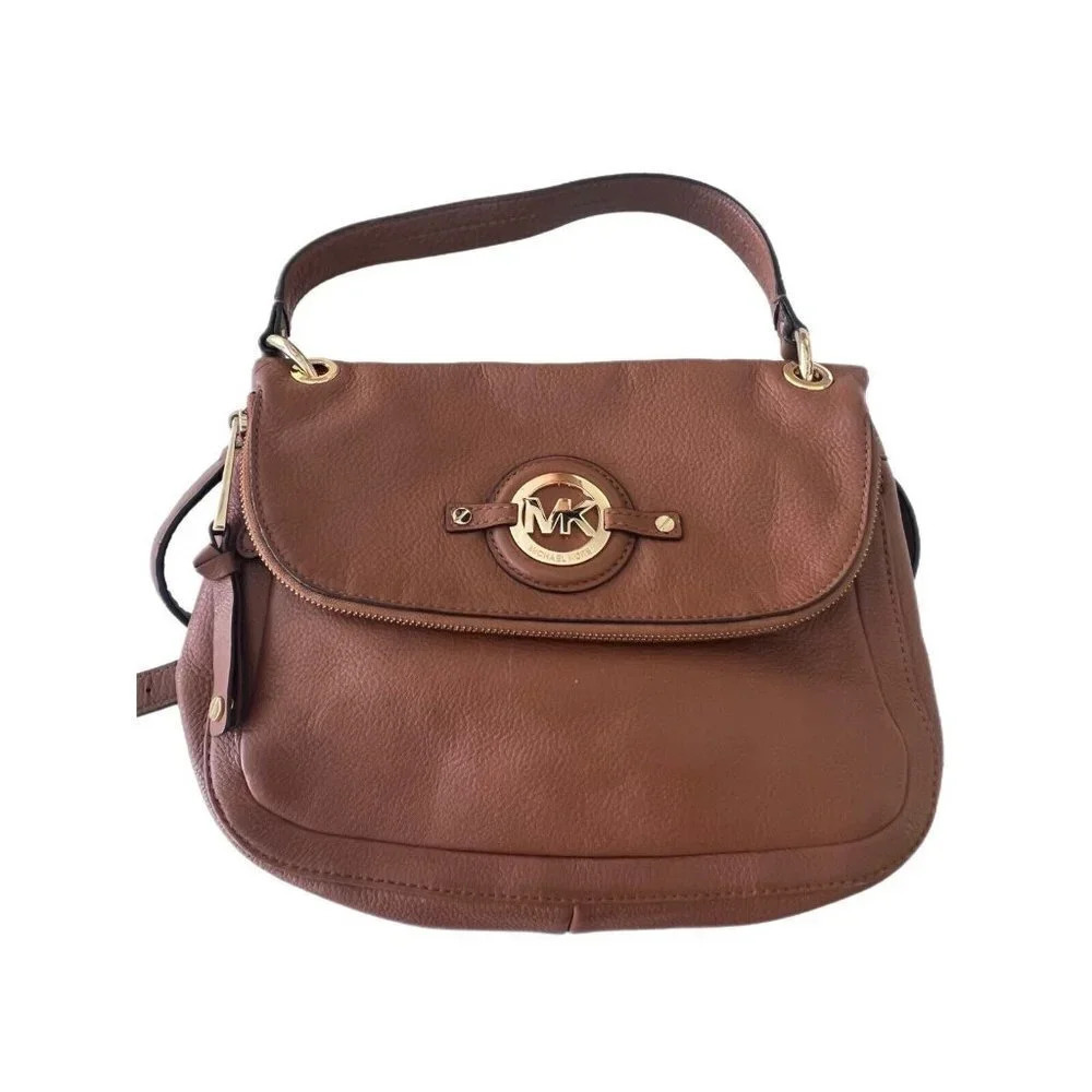 Michael Kors Grainy Leather Crossbody Flap Convertible Crossbody Purse Cognac